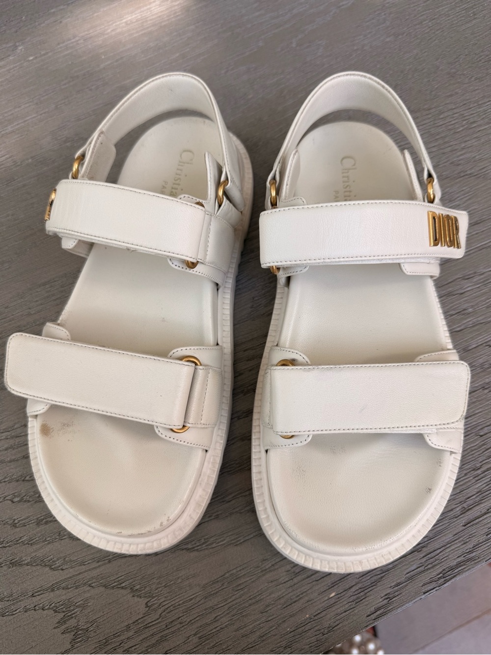 Dior White Leather Sandals with Gold Dior Accent